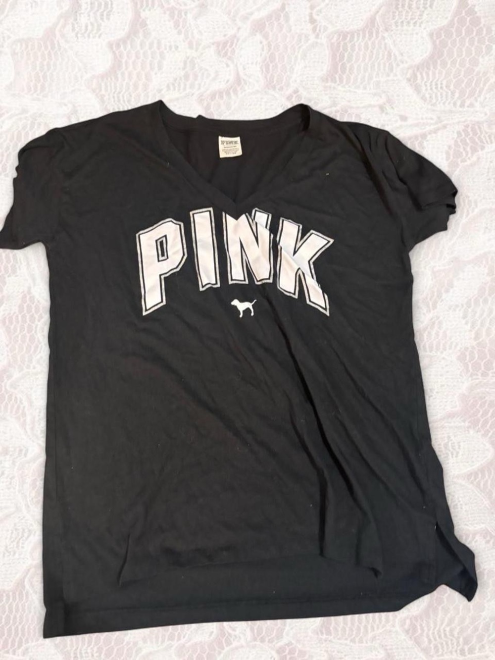 PINK Victoria's Secret Black V-Neck Logo Tee with White Lettering